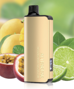 A gold-colored BUNDLE 5 PCS - ALIBARBAR INGOT 9000 vaping device with "Passionfruit Mango Lime" labeled on it is shown in front of a background featuring images of passion fruits, mangos, and lime slices. Get yours today for the ultimate flavor experience.