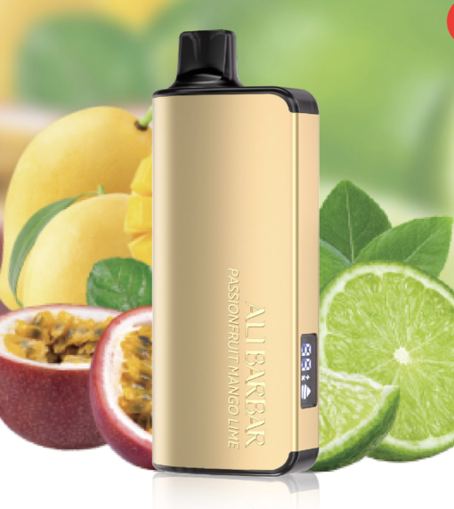 A gold-colored BUNDLE 5 PCS - ALIBARBAR INGOT 9000 vaping device with "Passionfruit Mango Lime" labeled on it is shown in front of a background featuring images of passion fruits, mangos, and lime slices. Get yours today for the ultimate flavor experience.