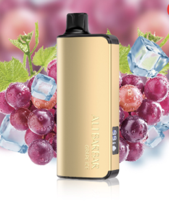 A gold-colored vape device from the "BUNDLE 3 PCS - ALIBARBAR INGOT 9000" collection stands upright in front of a background featuring grapes, ice cubes, and grape leaves.