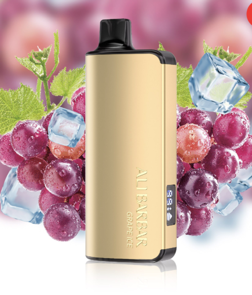 A gold-colored vape device from the "BUNDLE 3 PCS - ALIBARBAR INGOT 9000" collection stands upright in front of a background featuring grapes, ice cubes, and grape leaves.