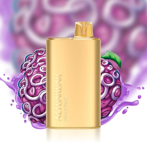 Golden vape device from the "Alibarbar" brand, showcasing "Devils Fruit" on its surface, included in the Bundle 5 Pcs - Alibarbar Rich 8000, displayed against a vibrant background featuring abstract illustrations of purple fruit and green leaves.