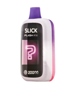 The HQD SLICK FAST PRO 20000 PUFFS vape features a vibrant design with a screen displaying a question mark and highlights "20000 puffs" on its sleek front.