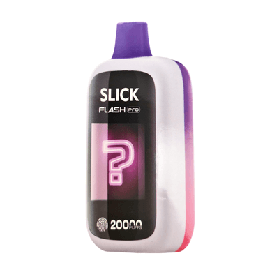 The HQD SLICK FAST PRO 20000 PUFFS vape features a vibrant design with a screen displaying a question mark and highlights "20000 puffs" on its sleek front.