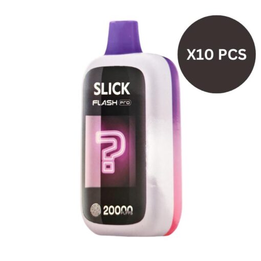 A Slick Flash Pro AUTO-DRAFT electronic device with a purple and white body, marked "2000 Puffs" and a question mark on its screen. Text overlay reads "X10 PCS.