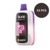 A rectangular, white and purple vape device labeled "Slick Flash Pro" with "2000 puffs" written on it. Featuring a delicious mixed berry double apple lush ice apple grape flavor, the text "X3 PCS" is displayed in a dark circle in the upper right corner.