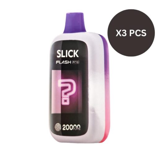 A rectangular, white and purple vape device labeled "Slick Flash Pro" with "2000 puffs" written on it. Featuring a delicious mixed berry double apple lush ice apple grape flavor, the text "X3 PCS" is displayed in a dark circle in the upper right corner.