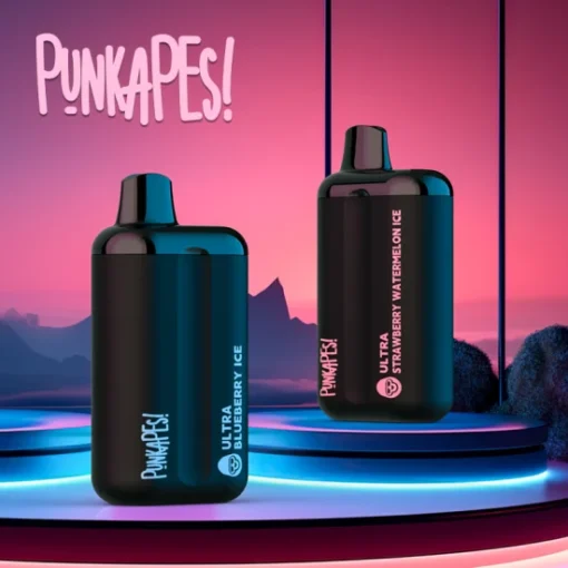 Five PUNKAPES ULTRA vape devices are showcased on a neon-lit platform, part of the "Bundle 5 pcs - PUNKAPES ULTRA 4000 puffs." The devices include flavors like "Ultra Blueberry Ice" and "Ultra Strawberry Watermelon Ice," each promising up to 4000 puffs. The background is stylized with geometric shapes, making this bundle an eye-catching display.