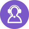 A white icon of a person wearing a headset, representing customer service or support, is centered on a purple circular background with the title "Contact us.