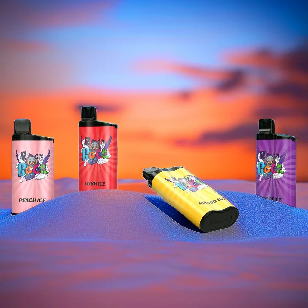 Four colorful IGET Vape devices labeled Peach Ice, Lush Ice, Mixed Berry, and Blue Razz stand elegantly on a textured surface against a blurred sunset backdrop.