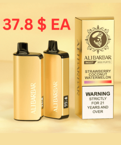 Two gold Alibarbar Ingot vape devices, each with 9000 puffs, rest beside packaging showcasing strawberry, coconut, and watermelon flavors. They're part of the Unbeatable Special Offer: 5 pcs for $37.8. Ages 21+.