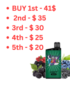 Explore the Iget Bar 3500 puffs vape, featuring vibrant berry graphics. Enjoy a discount from $41 to $20 per item with our "Limited Time Special Offer: Get 5 pcs Iget Bar 3500 Puffs Bundle at an Amazing Price!.