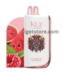 Discover the KUZ LUX 9000, an enhanced vape device with watermelon raspberry flavor and a unique stylized face graphic design, available at the best price.